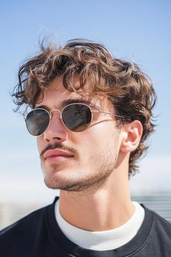 A man with medium-length, wavy hair styled in a casual, tousled look, wearing sunglasses and a beard.