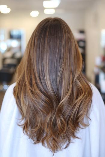 A woman with long, wavy hair featuring a caramel balayage transitioning from darker roots to lighter, golden ends.