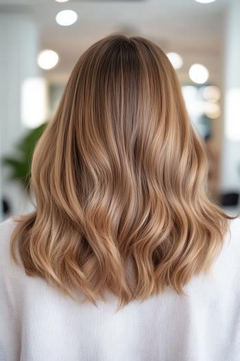 The image shows the back view of a person with shoulder-length, golden brown hair styled in soft, loose waves.