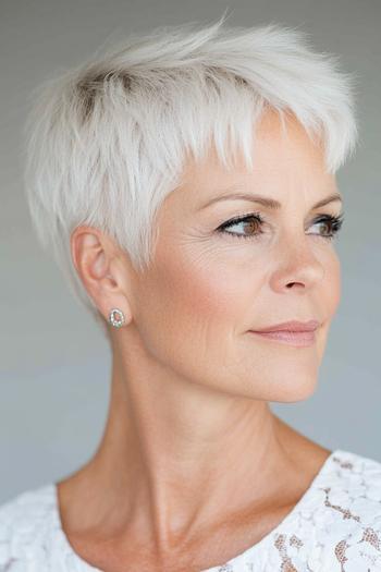 A woman with short, white, textured hair styled in a chic pixie cut.