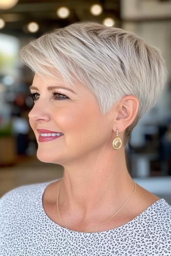 A stylish woman over 60 with a short, layered pixie cut in a platinum blonde color.