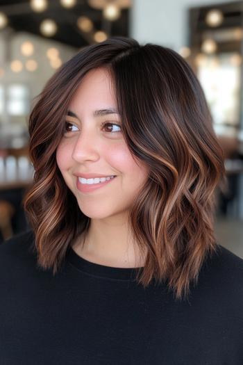 A woman with shoulder-length wavy black hair featuring subtle brown highlights, styled in loose waves for a natural and voluminous look.