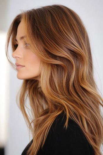 A woman with long, wavy caramel balayage hair, featuring a combination of warm golden and light brown tones.