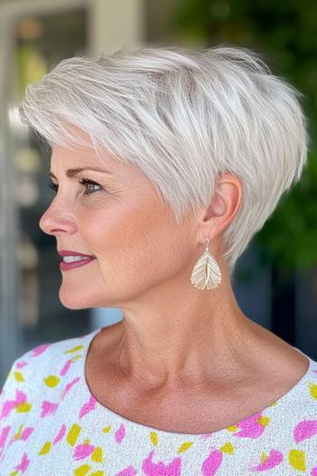 A woman with short, white, textured hair styled in a neat, layered pixie cut.