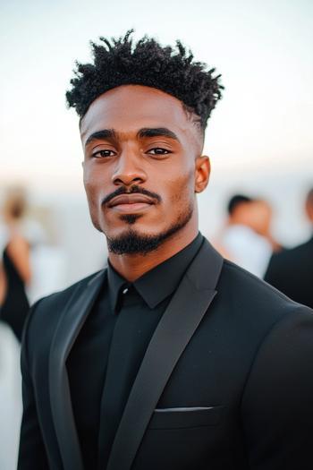 A man with a high top fade hairstyle with tightly coiled curls on top and a tapered fade on the sides, wearing a black suit and shirt.