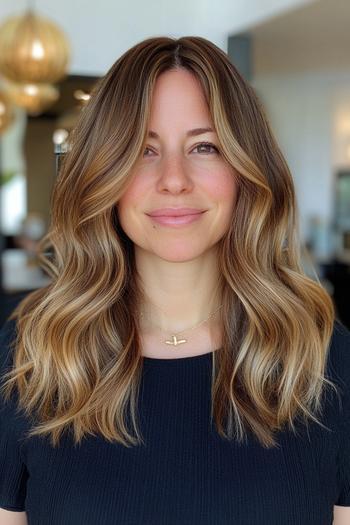 A woman with golden brown, wavy, shoulder-length hair and curtain bangs.