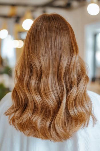 A person with golden brown hair styled in soft, loose waves cascading down their back.