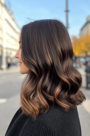 A woman with medium-length wavy black hair featuring brown highlights, styled with soft curls.