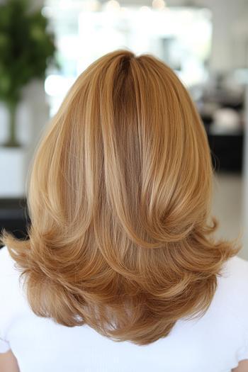 A rear view of a woman with layered, shoulder-length, golden brown hair styled with soft waves.