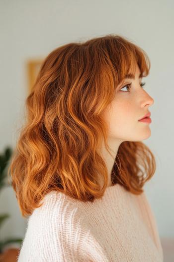 The image features a woman with shoulder-length, wavy golden brown hair styled with soft waves and fringe bangs.