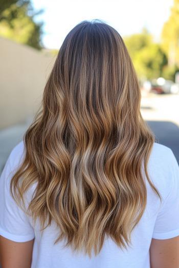 Long, wavy hair styled in a caramel balayage, blending dark roots with warm, honey-toned highlights.