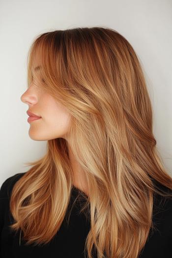 A profile view of a woman with long, layered hair styled in a caramel balayage, blending warm blonde and brown tones.