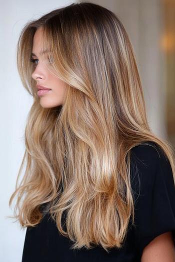 A woman with long, wavy hair featuring caramel balayage, blending dark roots with light caramel tones towards the ends.