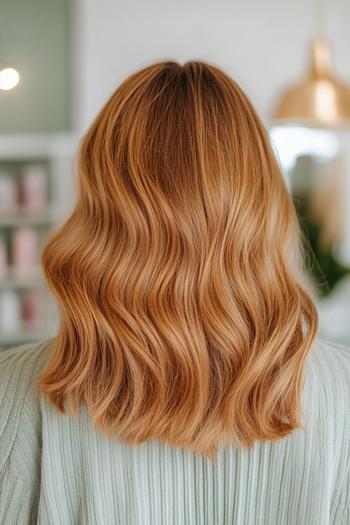 A back view of wavy, golden brown hair cascading down to the shoulders.