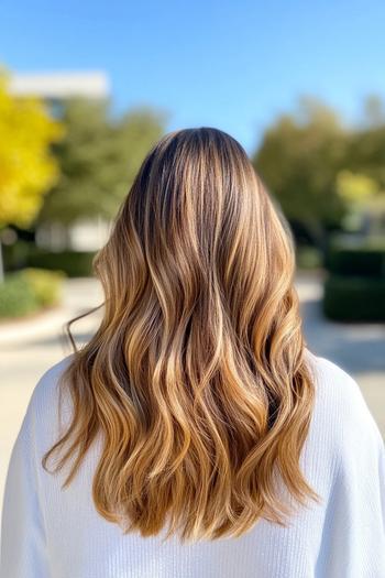 A woman with long, wavy hair featuring a caramel balayage stands outdoors.