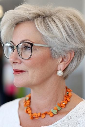 A woman with short, layered, and softly side-swept silver hair, wearing glasses, a white top, and an orange necklace.