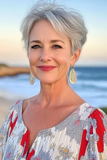 A mature woman with straight, silver-grey pixie cut hair, styled to frame her face, against a seaside background.