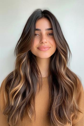 A woman with long, wavy hair styled in a caramel balayage, featuring darker roots that transition into soft, warm caramel highlights.