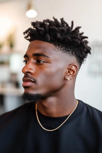 A Black man with a fade haircut, featuring short, tapered sides and back with longer, textured curls on top.