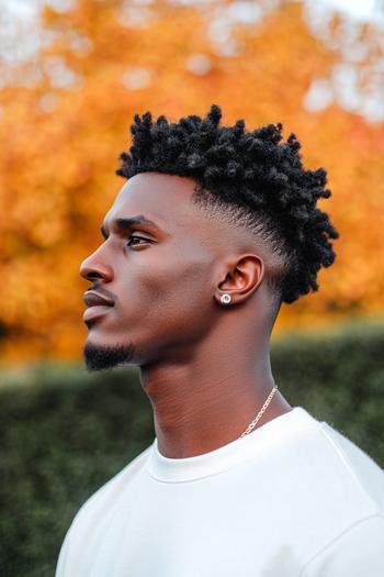 A side profile of a Black man wearing a white shirt, featuring a fade hairstyle with short twists on top.