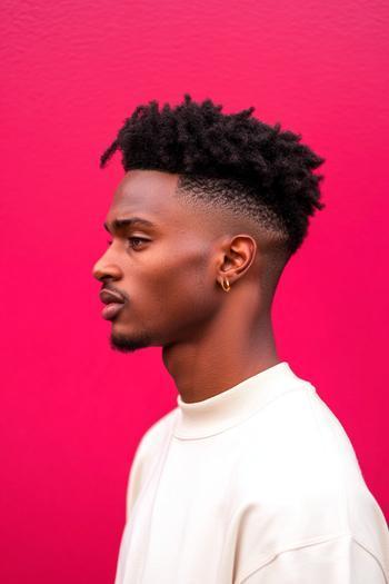 A side profile of a man with a high-top fade hairstyle featuring short, tapered sides and longer, textured curls on top against a bright pink background.