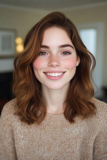 A woman with shoulder-length, wavy golden brown hair and a side part, smiling warmly at the camera.