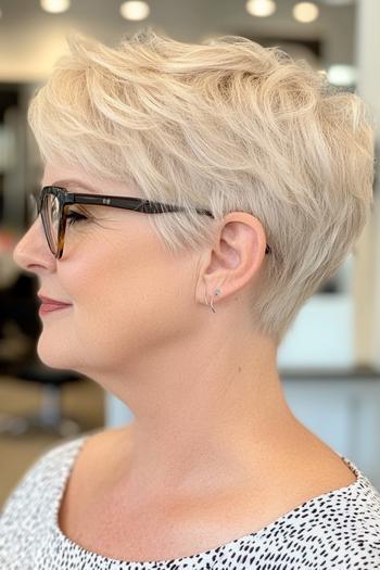 A close-up view of a short, layered, wash-and-wear hairstyle with a side-swept fringe on a woman over 60, featuring natural, soft waves and a light blonde color.