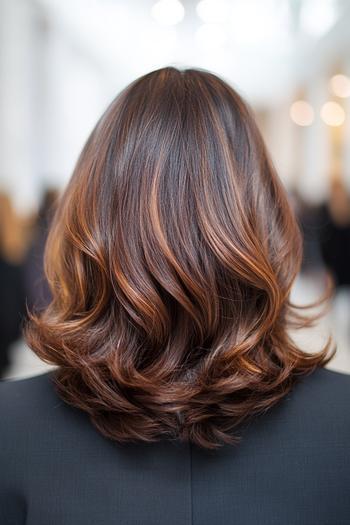 A rear view of shoulder-length black hair with soft curls, enhanced by subtle brown highlights.