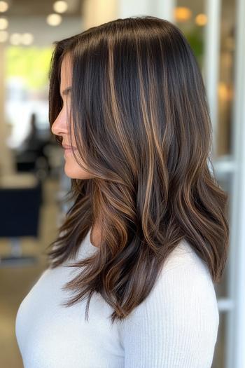 A person with medium-length, wavy black hair featuring subtle brown highlights in a salon setting.