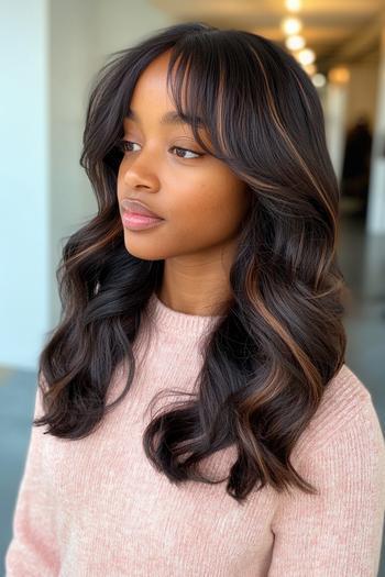 A woman with long, wavy black hair featuring subtle brown highlights and front bangs.