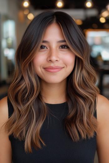 A woman with long, wavy black hair featuring subtle brown highlights.