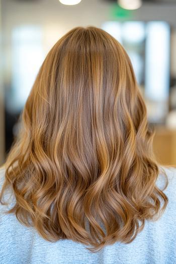 A back view of wavy golden brown hair styled loose around the shoulders.