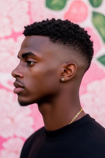 A young Black man with a high fade haircut, featuring a textured, curly top.