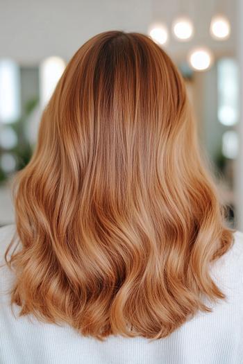 A head of golden brown hair styled in soft, loose waves.