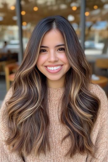 A woman with long, wavy black hair featuring brown highlights, wearing a beige knit sweater, and smiling in an indoor setting.