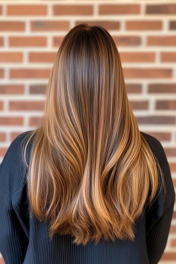 A woman's hair styled in a caramel balayage, featuring long, smooth, wavy locks with warm caramel highlights blended seamlessly into a rich brown base.