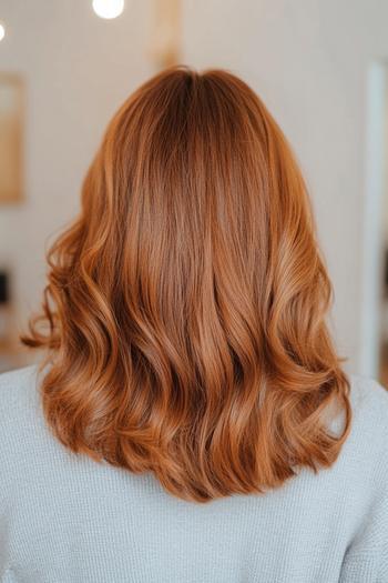 A person with golden brown hair styled in loose, medium-length waves.