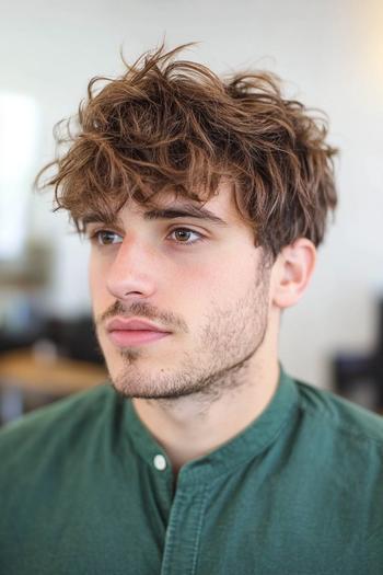 A young man with medium length, wavy, tousled hair and a slight beard, wearing a green shirt.