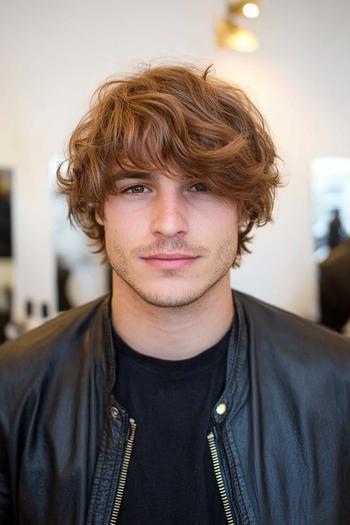 A young man with wavy, medium-length hair styled in a tousled, layered cut.