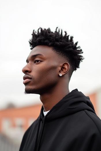 A black man with a fade haircut and textured afro top, dressed in a black hoodie.