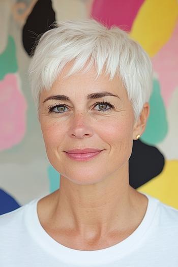 A woman with short, textured, white hair styled in a pixie cut with bangs, wearing a white top.