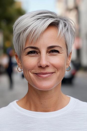 A woman with a short, layered pixie haircut featuring side-swept bangs and gray hair.