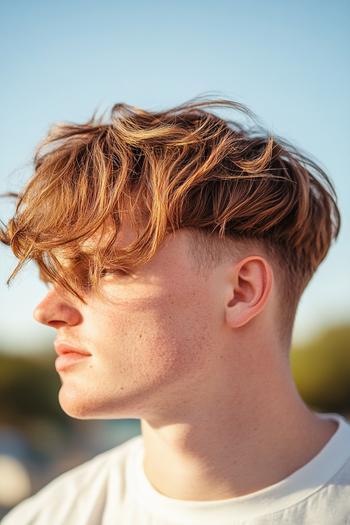 A man with medium-length, wavy hair styled in a messy, side-swept look with a fade cut on the sides, bathed in natural sunlight.