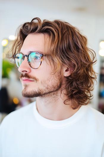 A man with wavy, medium-length hair styled with layers, wearing glasses and a white shirt.