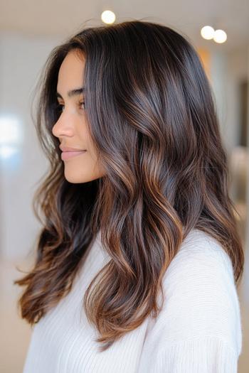 A woman with wavy, black hair adorned with brown highlights is shown in a side profile.