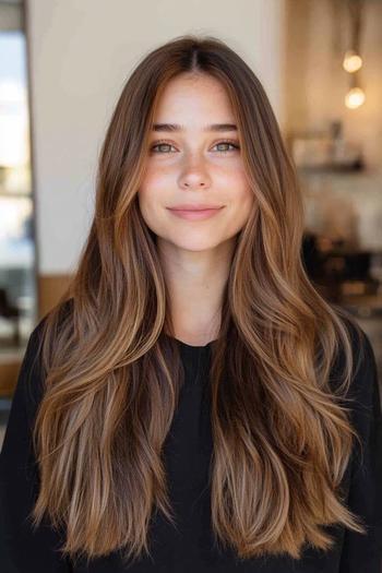 A woman with long, wavy caramel balayage hair, parted in the middle.