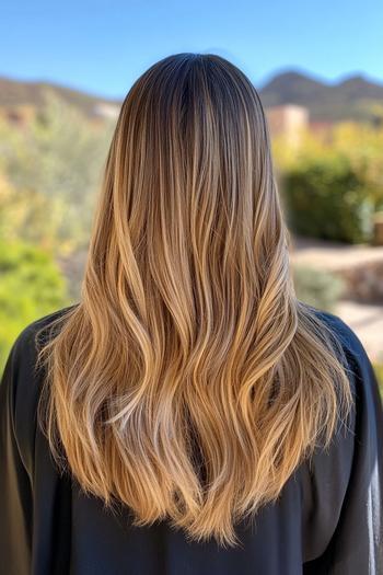 A woman with long, wavy hair in a caramel balayage style, featuring darker roots blending into lighter, caramel-colored ends.