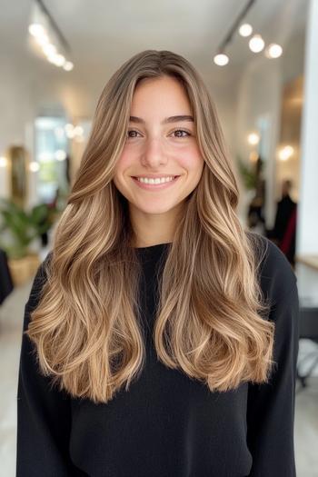 Woman with long, wavy caramel balayage hair in a well-lit indoor setting, smiling and wearing a black top.