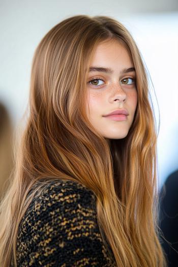 A young woman with long, wavy caramel balayage hair poses against a blurred background.