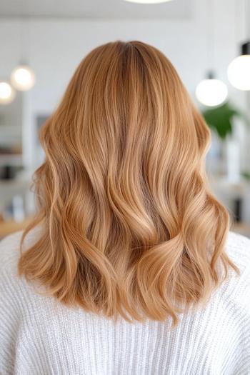 Golden brown hair styled in soft, loose waves, falling just above the shoulders.